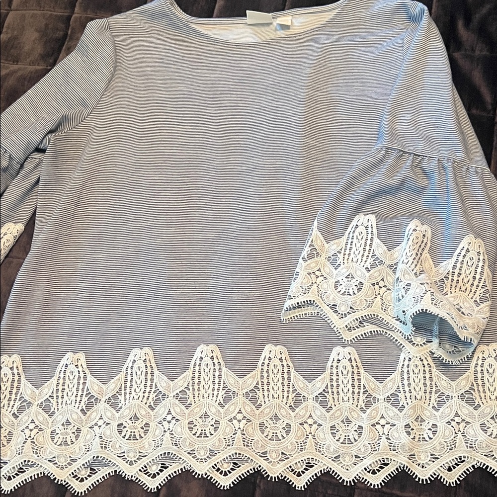 Chico's Blue and White Lace Trim Tunic